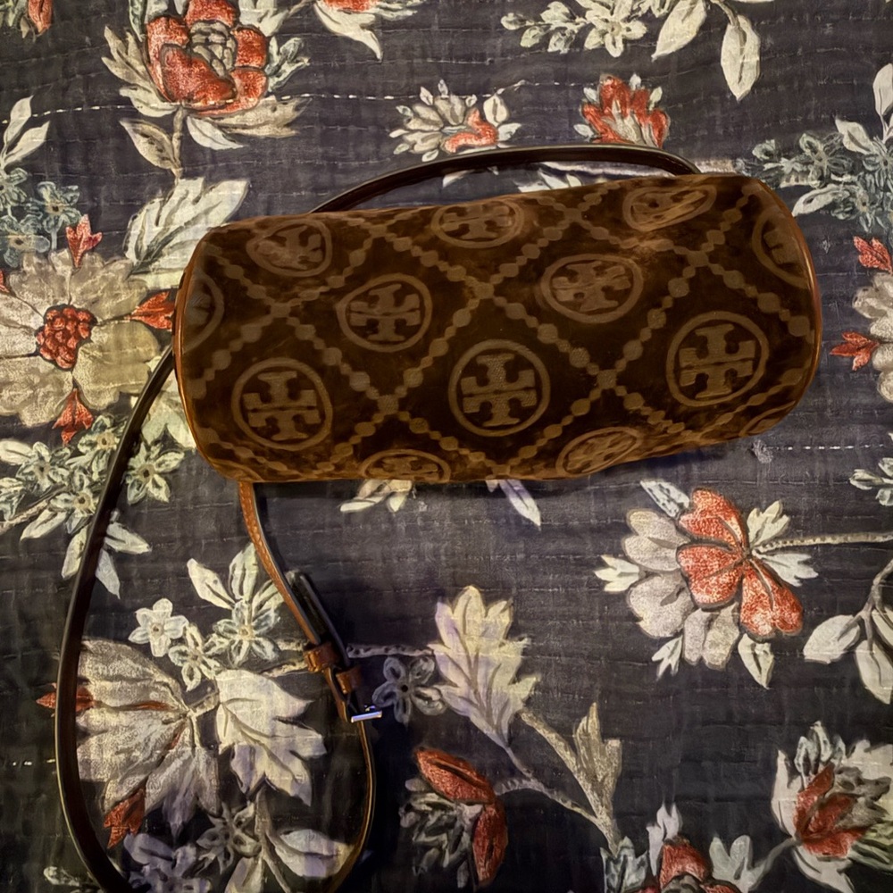Tory Burch mini barrel bag in suede.